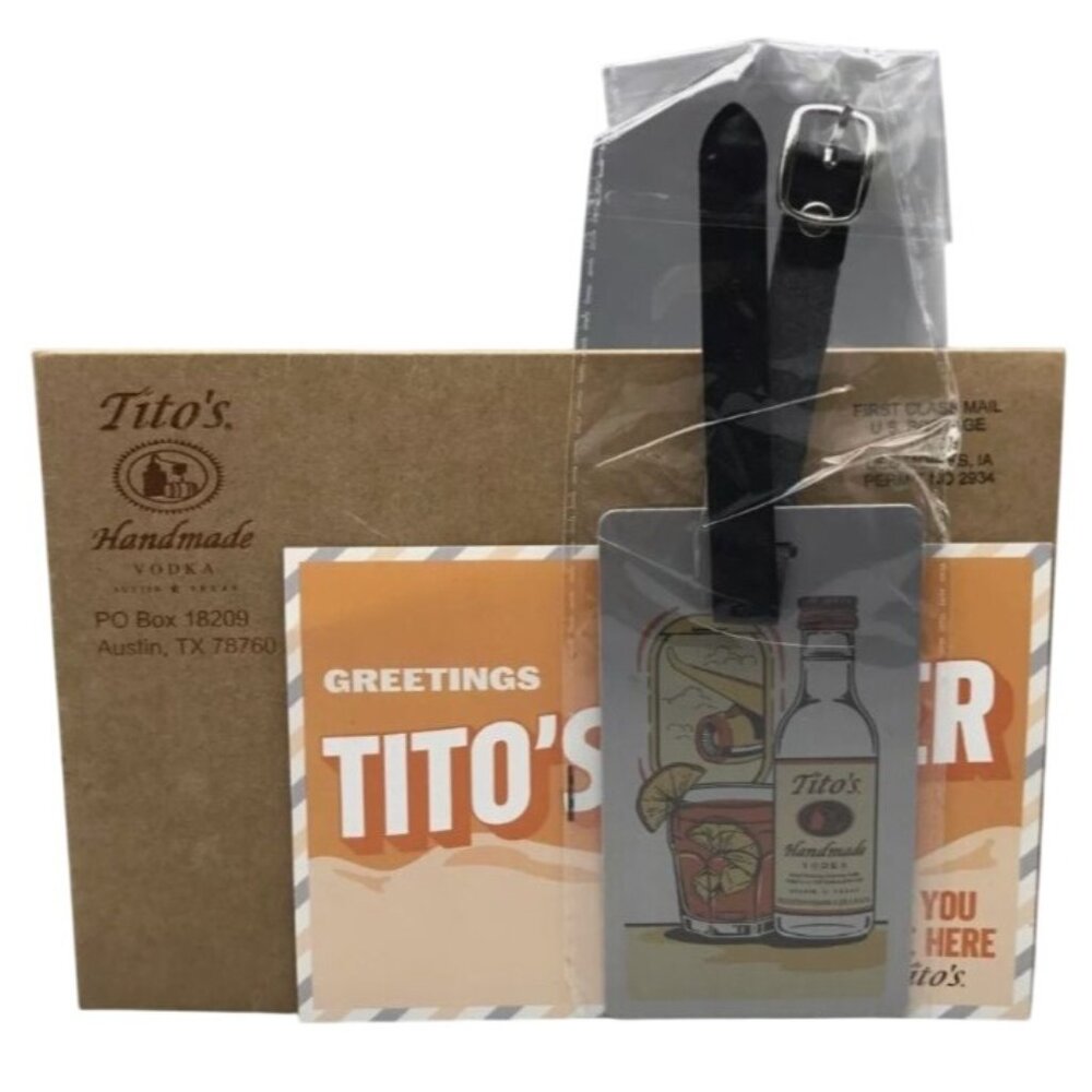 Tito's Vodka Luggage Tag Metal and Leather 2023 Holiday Promo Complete Package